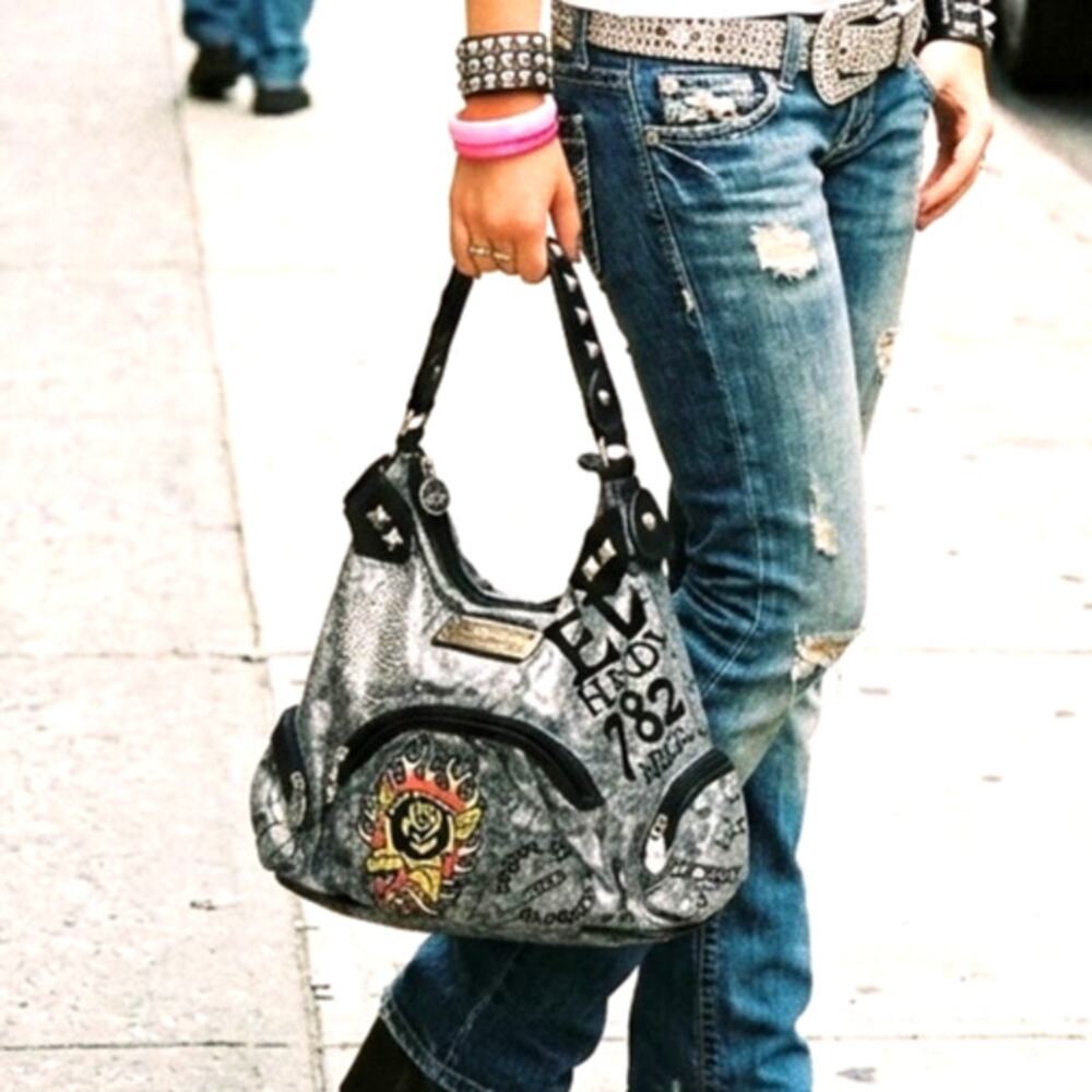 Vintage Ed Hardy silver metallic hobo bag rhinestone stud flaming rose graphic